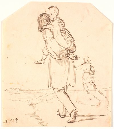 Un jeune homme porte une petite fille sur son dos à travers un paysage - Johan Thomas Lundbye
