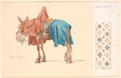 Un mulet mangeant son fourrage. À droite sur du papier collé une bordure décorative - Johan Thomas Lundbye