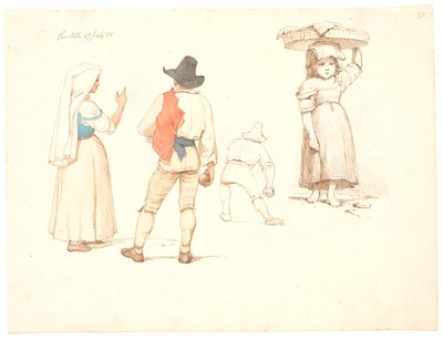 Quatre études de figures. Femme debout et joueur de boccia debout, un joueur de boccia en train de lancer et une petite fille avec un panier sur la tête - Johan Thomas Lundbye