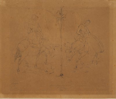 Madame Raffenberg assise sur un âne. Deux représentations séparées par une tige de plante - Johan Thomas Lundbye