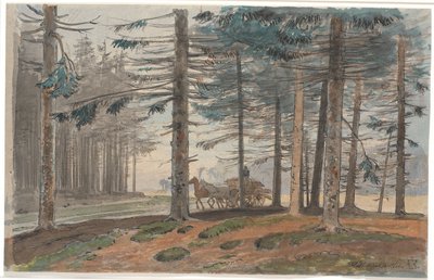 Forêt de sapins avec route, sur laquelle roule une charrette avec une charge de bois. En arrière-plan, une clairière dans la forêt - Johan Thomas Lundbye