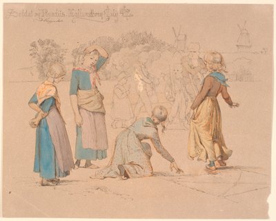 Au premier plan, des filles jouant à la marelle. À l