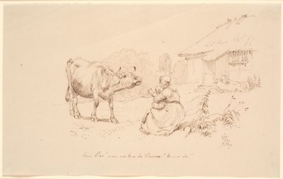 Viens Bos !. Devant une ferme, une femme est assise avec un enfant tendant la main vers une vache - Johan Thomas Lundbye