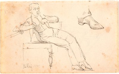 Feuille de carnet de croquis avec jeune homme assis et étude d