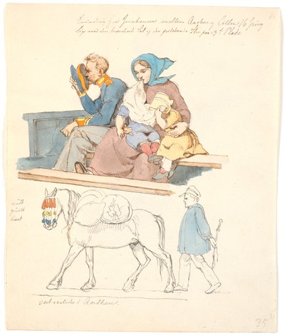 Soldat et femme avec deux enfants, assis sur un banc. À droite, un cheval avec des bagages suivi d
