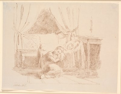 Intérieur de chambre avec une petite fille assise par terre et dormant, appuyée contre un berceau avec un enfant endormi - Johan Thomas Lundbye