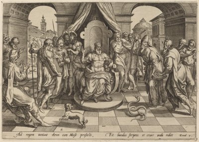 Moïse et Aaron devant le Pharaon - Johan Wierix, after Maarten van Cleef