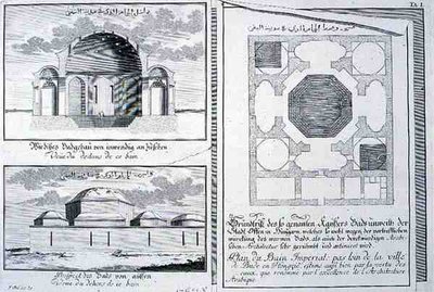 Plan, élévation et coupe transversale des Bains Impériaux, Budapest, Hongrie, de 