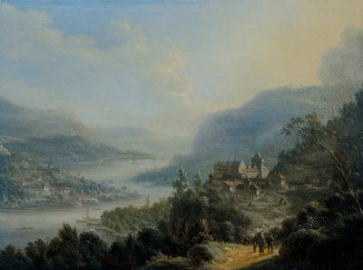 Paysage rhénan étendu avec des voyageurs sur une route près d