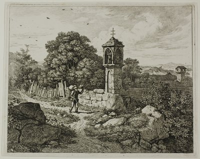 Fermier saluant un sanctuaire de la Madone en bord de route, planche une de Die zwei grossen Landschaften mit den Betsäulen - Johann Christoph Erhard