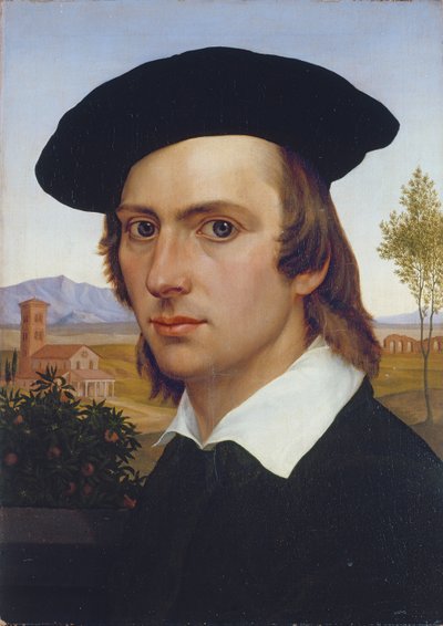 Autoportrait avec béret devant un paysage romain - Johann David Passavant