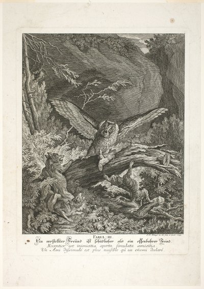 Fable III, planche trois de Lehrreiche Fabeln aus dem Reiche der Theire - Johann Elias Ridinger