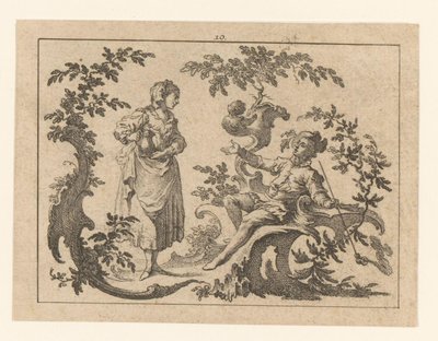 Homme fumant assis, à côté de lui une femme debout avec une cruche sur un ornement rococo (Fumeurs sur ornement rococo) - Johann Esaias Nilson