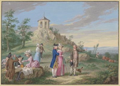 Compagnie de dames et de messieurs installée en plein air au pied d