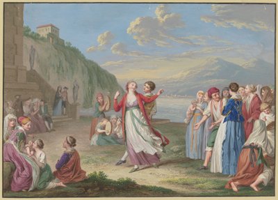 Des paysans italiens se divertissent au bord du lac avec des jeux et des danses, de hautes montagnes à l