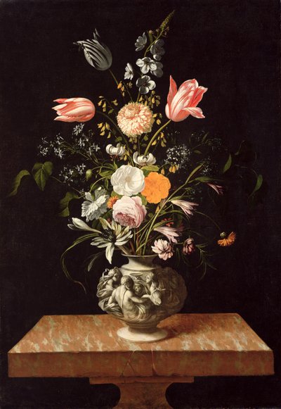 Vase avec relief et fleurs sur une table en marbre - Johann Georg Hinz