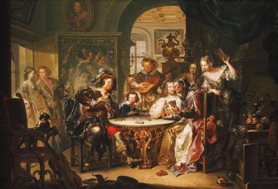 Un gentleman trichant aux cartes avec une vieille dame dans un intérieur somptueux - Johann Georg Platzer