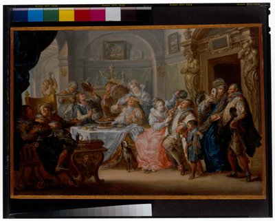 Intérieur avec des figures élégantes en costume de mascarade festoyant - Johann Georg Platzer