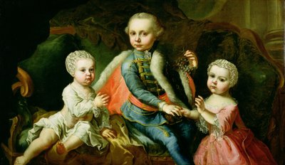 Trois enfants assis sur un canapé, dits membres de la famille Esterhazy, 1771 - Johann Georg Weikert
