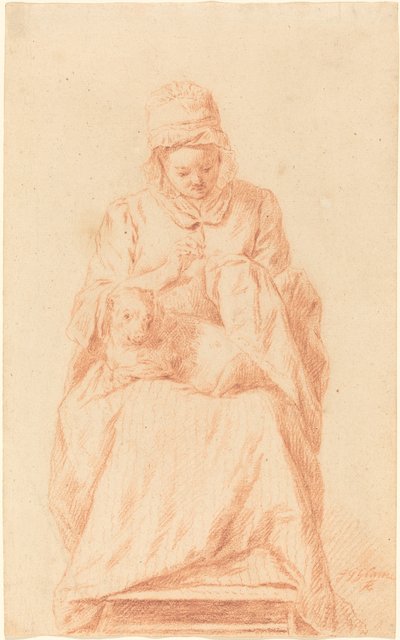 Jeune femme cousant avec un chien reposant sur ses genoux - Johann Gottlieb Glume
