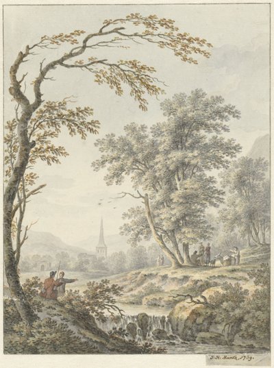 Paysage avec cascade et église au loin - Johann Heinrich Muntz