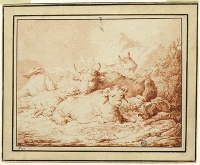 Bétail et moutons avec berger dans un paysage rocheux - Johann Heinrich Roos