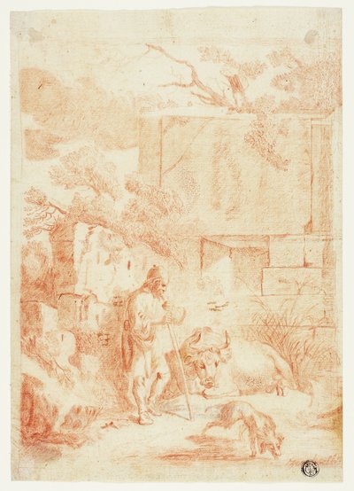 Vacher avec taureau et chien dans des ruines - Johann Heinrich Roos