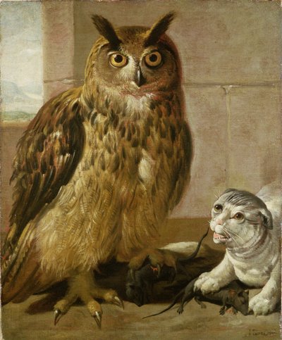 Hibou grand-duc et chat avec des rats morts - Johann Heinrich Roos