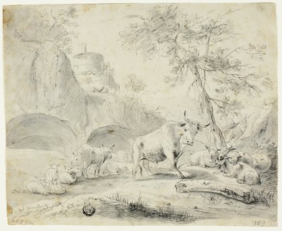 Paysage avec berger et moutons, chèvre, bétail - Johann Heinrich Roos