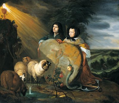 Autoportrait (?) avec son épouse et des symboles de la foi chrétienne - Johann Heinrich Roos
