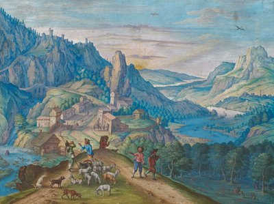 Paysage de montagne au crépuscule avec vallée fluviale et figures - Johann Jacob Besserer