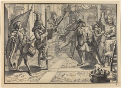 Mezzetin et Arlequin, déguisés en capitaine, perturbent le dîner de Pantalon - Johann Jacob Schubler