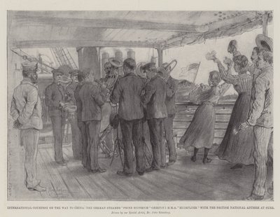 Courtoisie internationale en route vers la Chine, le vapeur allemand Prinz Heinrich saluant le HMS Highflyer avec l