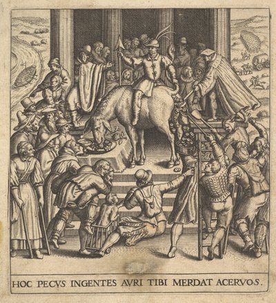 Hommes ramassant du fumier tombant des postérieurs d