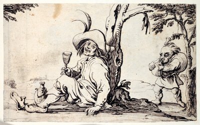 Campagnard assis se rafraîchissant et un nain avec des cornemuses - Johann Wilhelm Baur