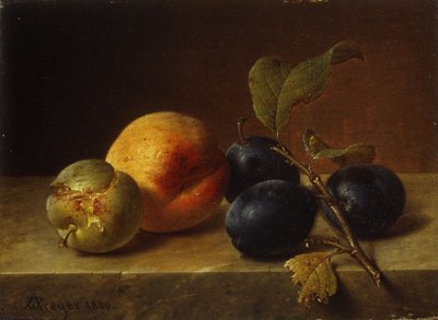 Une pêche et des prunes sur un rebord de marbre, 1860 - Johann Wilhelm Preyer