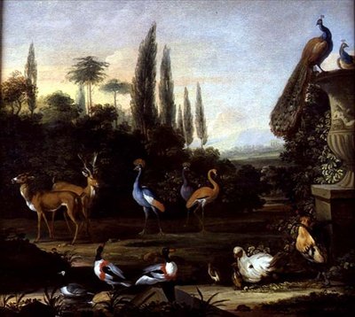 Paysage de parc avec cerfs et oiseaux exotiques - Johannes Bronckhorst