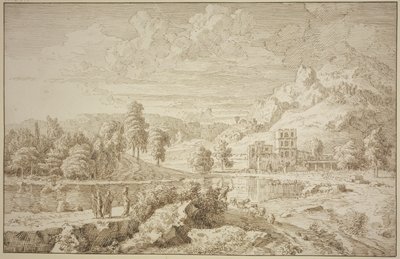 Paysage italien avec bâtiment, sur le chemin un berger avec des moutons, à gauche trois figures - Johannes Glauber