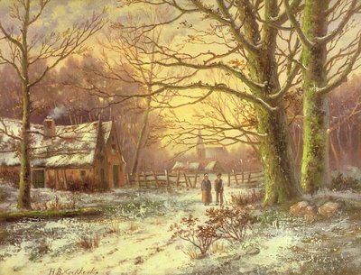 Figures sur un chemin devant un village en hiver - Johannes Hermann Barend Koekkoek