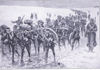 Japonais en marche. Hommes à la place des poneys de bât, illustration de l