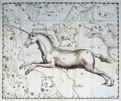 Monocéros, constellation de la Licorne, gravure de l