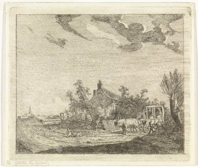 Cheval et chariot devant une maison - Johannes Huibert Prins