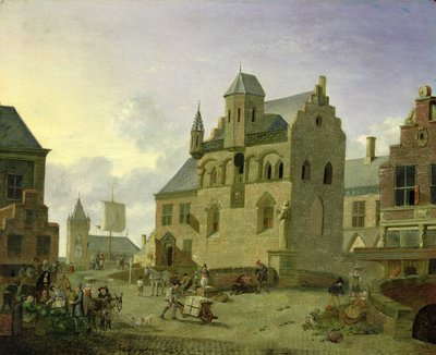 Place de la ville avec des personnages et des paysans commerçant sur une place de marché - Johannes Huibert Prins