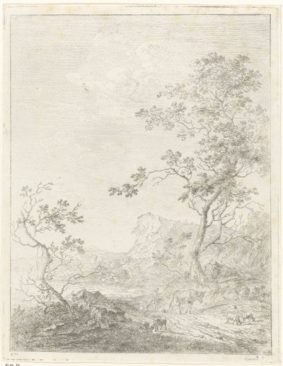 Paysage montagneux avec berger et bétail sur le chemin - Johannes Janson
