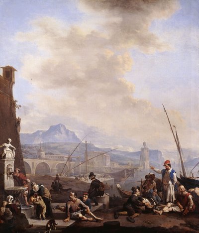 Un port de mer méditerranéen avec un homme buvant à une fontaine, des galériens, des marchands et des dockers - Johannes Lingelbach