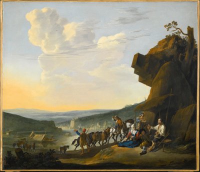 Allemand : Südliche Landschaft mit Fähre Paysage méridional avec vue sur une baie, avec des voyageurs qui se reposent - Johannes Lingelbach