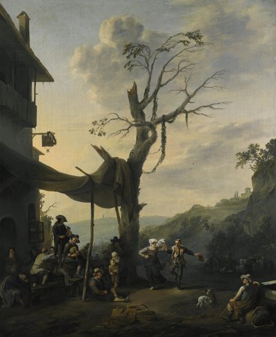 Paysage de montagne avec des paysans dansant et jouant de la musique devant une auberge - Johannes Lingelbach