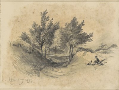 Paysage de lande près de Cleverberg avec un homme assis avec un chien - Johannes Tavenraat