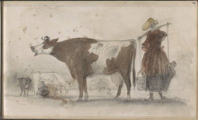 Prairie avec des vaches et une fermière avec un joug - Johannes Tavenraat
