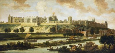 Vue du château de Windsor, et de tout le panorama entourant le bâtiment, avec description du parc et des activités sur la rivière, une variété de bateaux, des bateaux de pêche aux navires royaux - Johannes Vorsterman